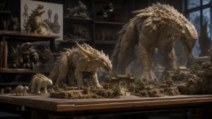 Creature maquettes of different sizes compared with miniature landscape elements