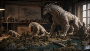 Creature size variants displayed beside miniature buildings trees and landscape models