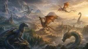 Different world dragon types across mountains forests ruins and coastlines