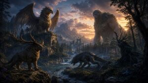 Several original fantasy beasts gathered in a twilight wilderness