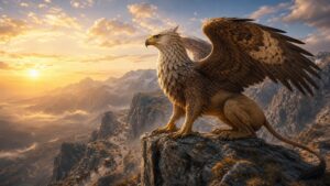 Majestic eagle-lion griffin perched on alpine cliffs at sunrise