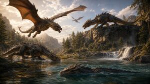 Dragon moving through sky water rocks and forest in a fantasy habitat