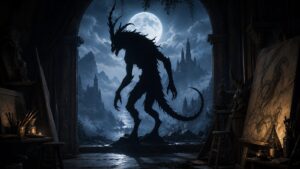 Memorable fantasy creature silhouette with horns tail and hunched shoulders