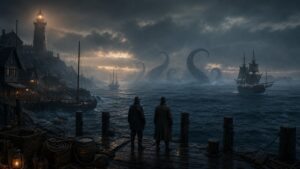 Foggy harbor and dark sea with kraken tentacles near the horizon