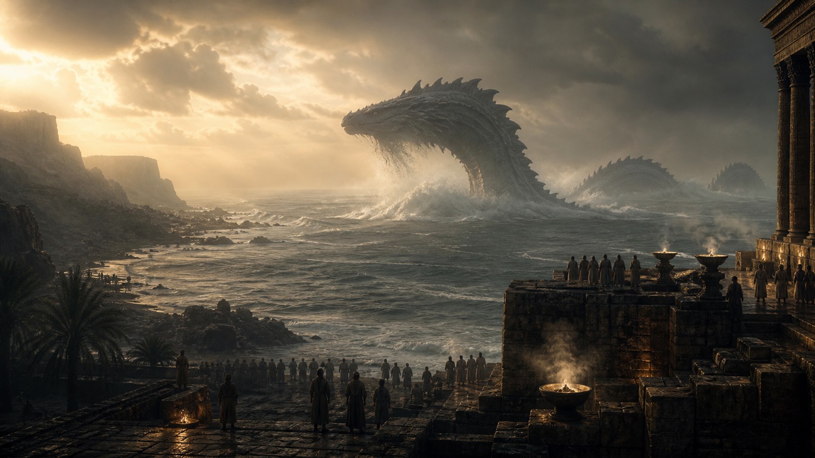 Immense serpentine Leviathan rising from a stormy ancient sea near stone terraces