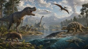 Diverse prehistoric creatures across wetlands plains and ancient shorelines