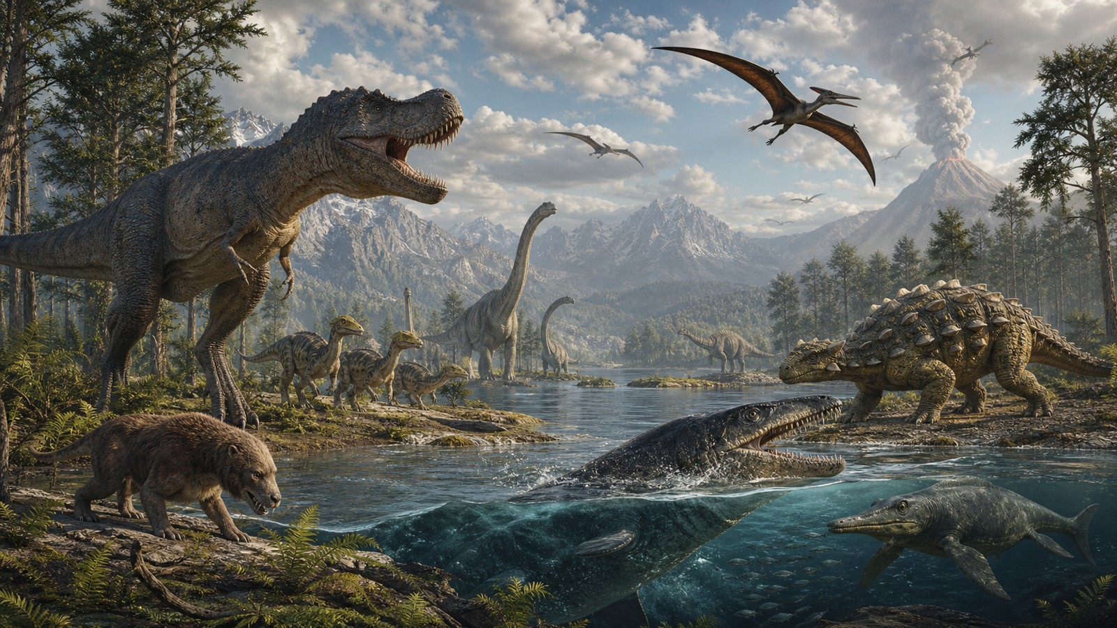 Diverse prehistoric creatures across wetlands plains and ancient shorelines