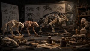 Creature concept lab with maquettes and natural history design references
