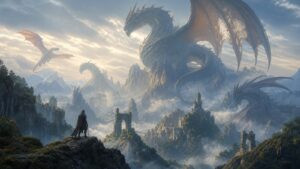 Colossal dragons towering over a misty mountain valley with ancient ruins below