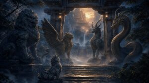 Mythic guardian creatures standing watch at an ancient twilight gateway