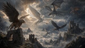 Powerful mythic winged creatures flying above ruined watchtowers in stormlight