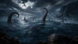 Moonlit northern sea with giant kraken tentacles rising near a distant ship