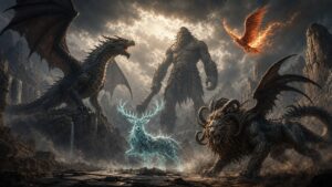 Powerful fantasy creatures posed across a dramatic stormlit valley