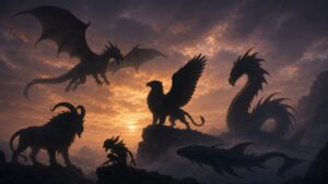 Fantasy creature silhouettes readable against a glowing twilight ridge