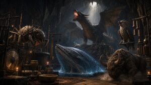 Fantasy creatures vocalizing in a cavern-like sound design studio