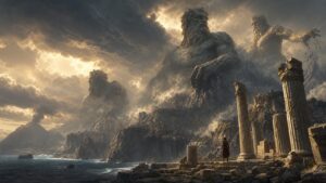Enormous titan figures looming over ancient cliffs and broken marble columns