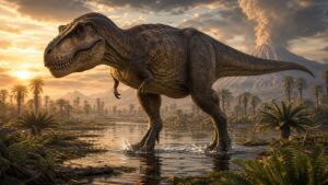 Realistic Tyrannosaurus rex walking through a golden prehistoric floodplain