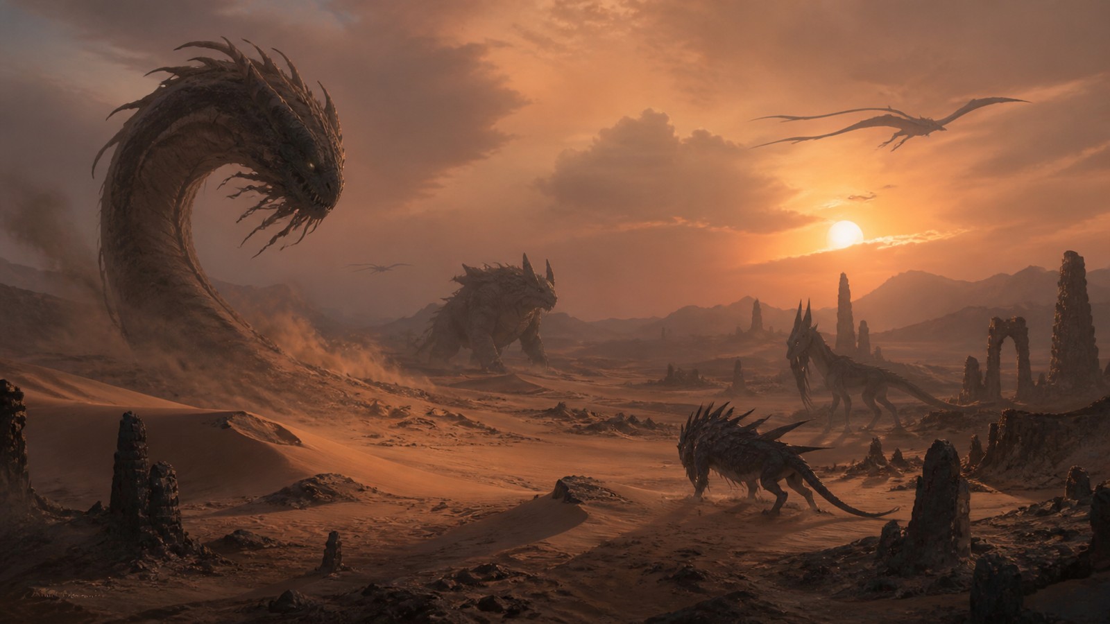 Dusk desert wasteland with ruins heat haze and mythical creature silhouettes