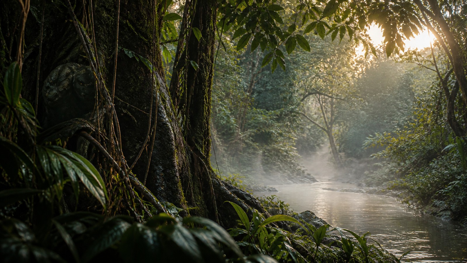 Amazon rainforest river bend with a hidden creature form behind vines