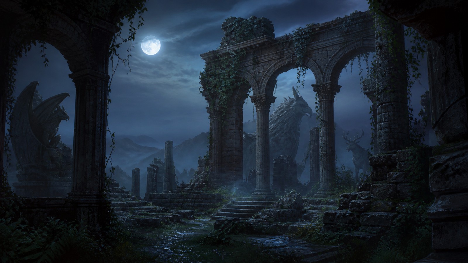Moonlit ancient ruins with hidden mythical creature silhouettes among broken arches