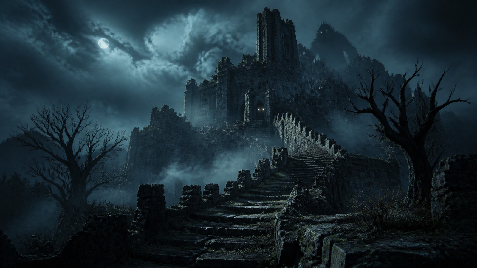 Haunted ancient fortress ruins with a shadowy monster presence in storm fog