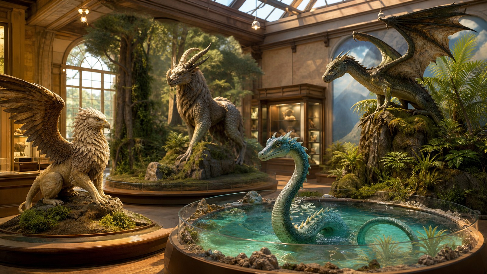 Natural history exhibit with several original mythical creature habitat displays