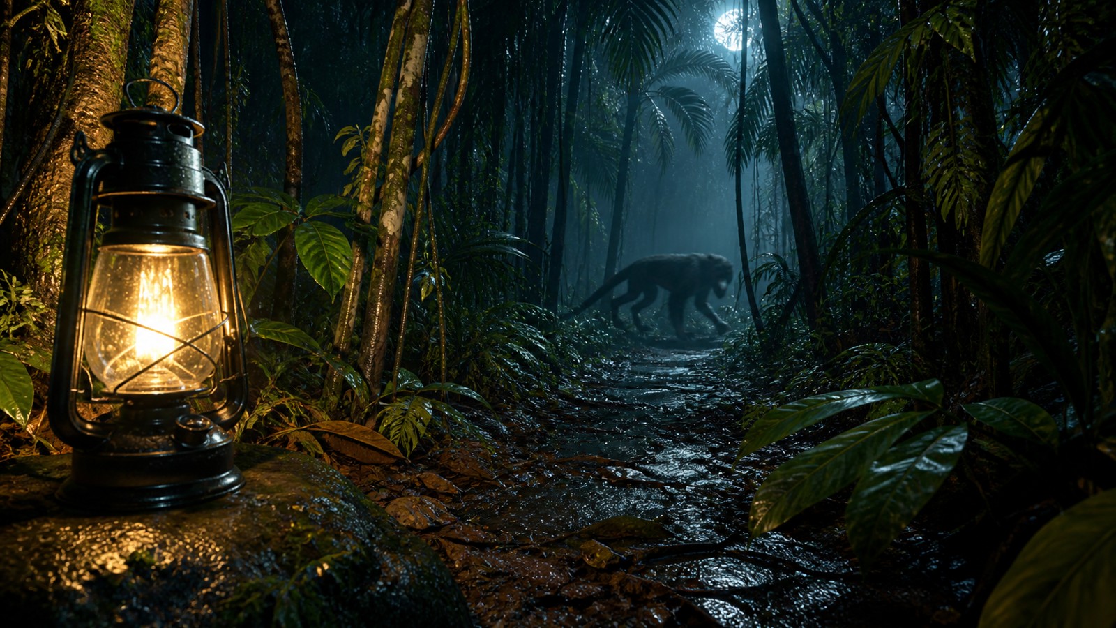 Night rainforest trail with lantern light and a distant cryptid silhouette