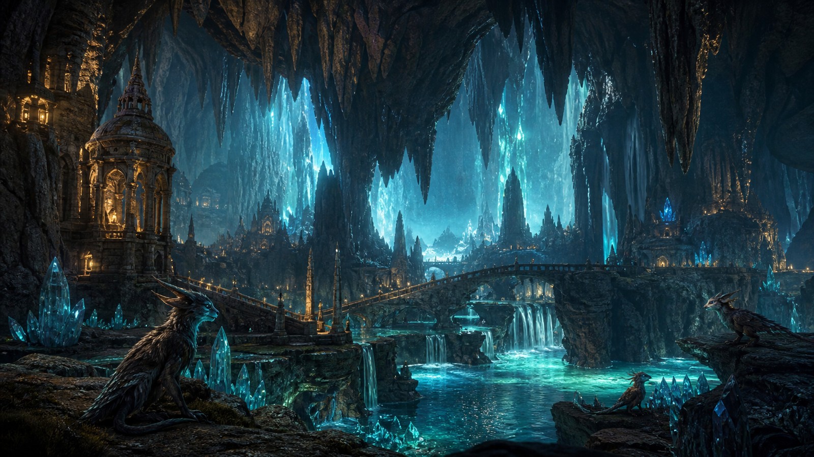Vast underground realm with stone bridges glowing rivers and distant creature silhouettes