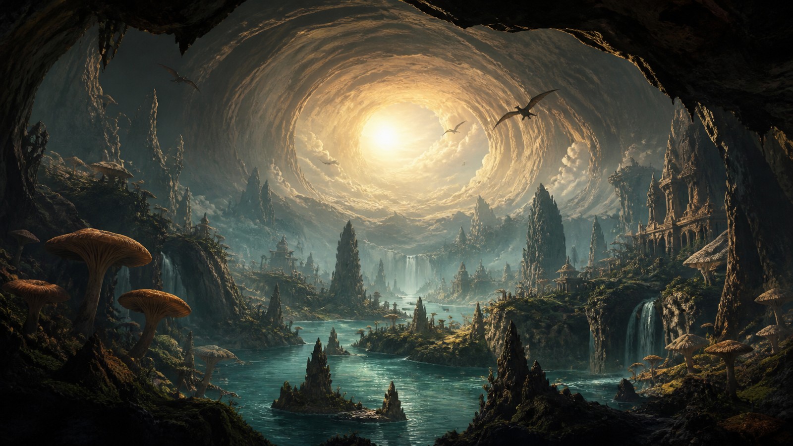 Hidden hollow earth world beneath a cavern with crystal light forests and strange horizons