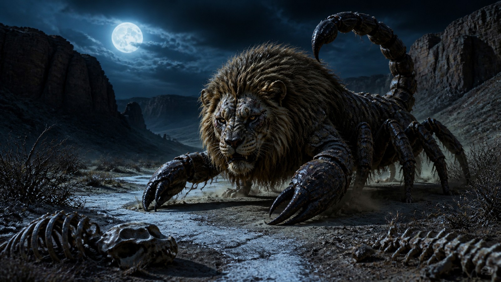 Moonlit desert canyon with a scorpion lion predator near cracked salt flats