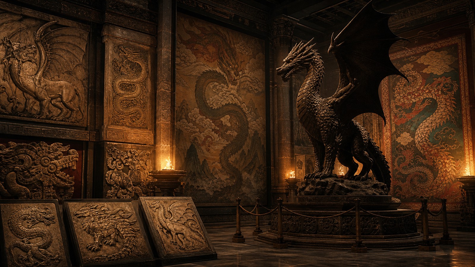 Mythic hall with dragon murals carved reliefs and a lifelike dragon statue