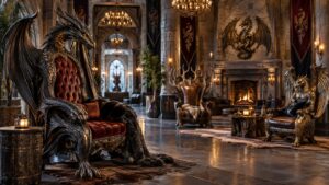 Editorial creature scene for Dragon Thrones, Monster Chairs, and Fantasy Seats That Feel Legendary